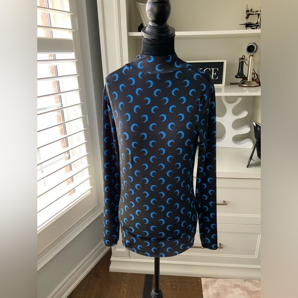 Moon Patterned Print Long Sleeve Cowl Neck Shirt Black Blue Women’s Size Medium - Picture 2 of 9